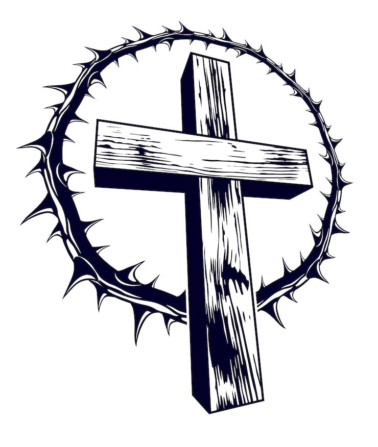 Vettore croce cristiana con logo o tatuaggio di religione di vettore di spina di prugnolo, passione di cristo.