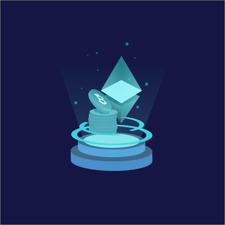 Crypto ethereum bitcoin 3d ologramma isometrico