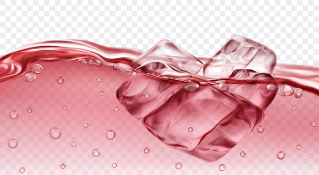 Cubetti di ghiaccio rossi traslucidi galleggianti in acqua con bolle d'aria isolate su sfondo trasparente
