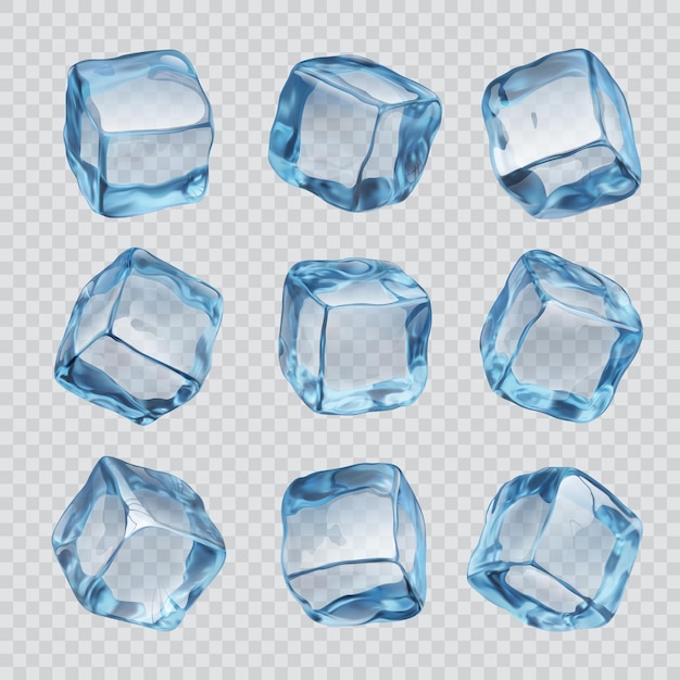 Cubi di ghiaccio e pezzi di cristalli realistici isolati su uno sfondo trasparente. Cubi di acqua congelata solida vettoriale 3D, utilizzati per raffreddare bevande e preservare prodotti deperibili. Realizzati congelando acqua in vassoi o stampi