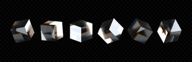 Cubi di vetro cristallino 3D con effetti refrattivi e olografici isolati su uno sfondo trasparente
