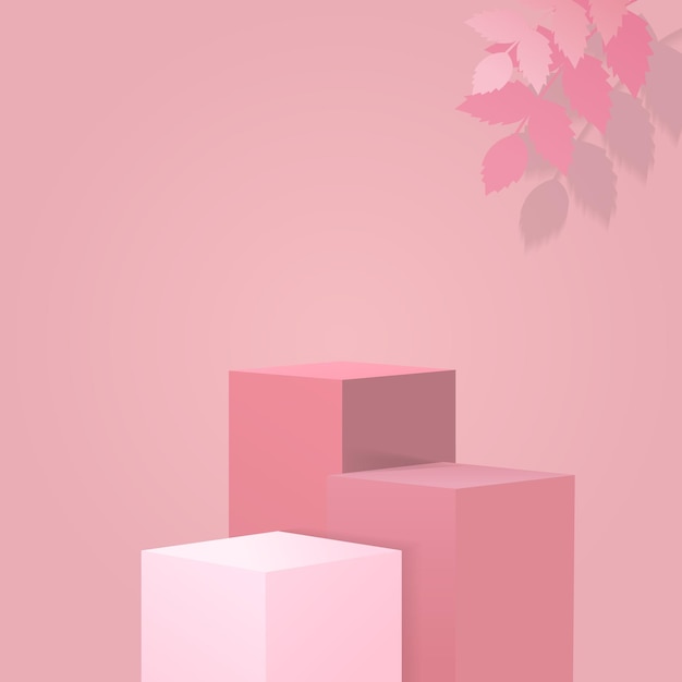 Cubi rosa vuoti per l'esposizione del prodotto. palco del podio decorato con foglia rosa.