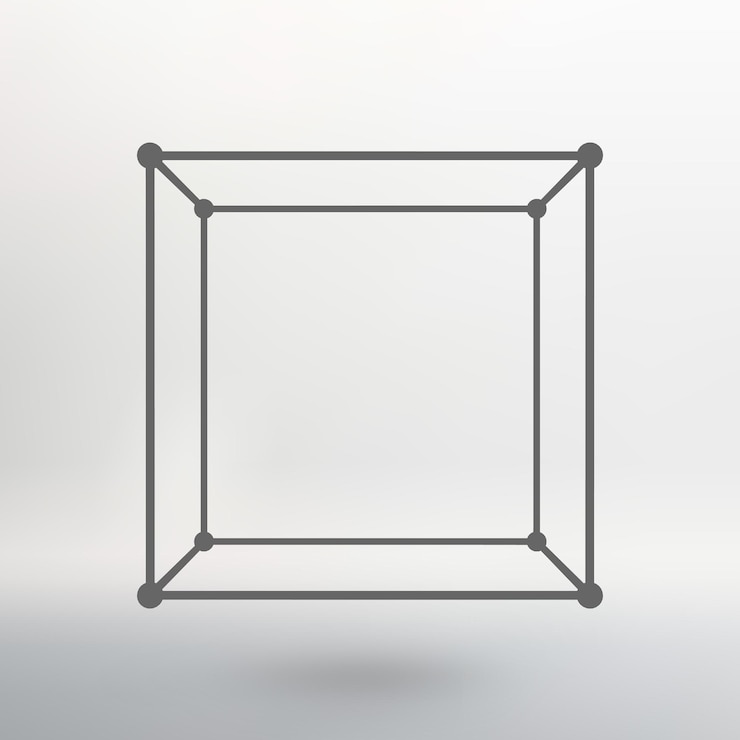 Vettore cubo di linee e punti. cubo delle linee collegate ai punti. reticolo molecolare. la griglia strutturale dei poligoni. sfondo bianco. la struttura si trova su uno sfondo bianco da studio.
