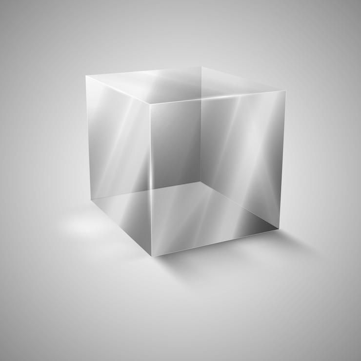 Cubo di vetro trasparente. Presentazione di un nuovo prodotto.