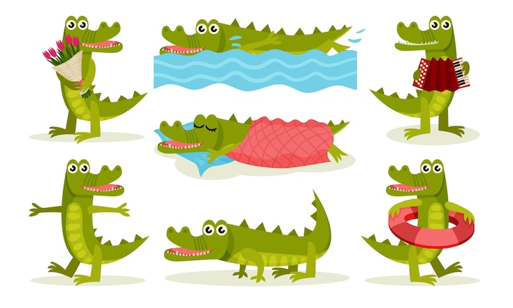 Vettore cuccello amichevole personaggio di cartoni animati di coccodrillo in situazioni diverse collezione illustrazione vettoriale su sfondo bianco