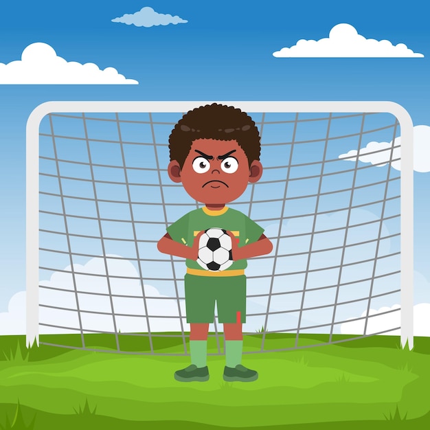 Cuccello nero africano con capelli afro Personaggio di cartone animato che gioca a calcio arrabbiato