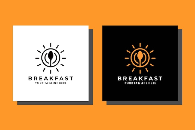 cucchiaio piatto e sole colazione ristorante cibo e bevande contorno logo design vettore semplice minimalista