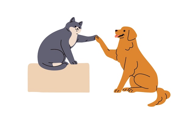Cuccino e gatto carini che danno un saluto high five con le zampe Comunicazione con animali domestici intelligenti Amici animali canini e felini Gattino e cucciolo Illustrazione vettoriale grafica piatta isolata su sfondo bianco