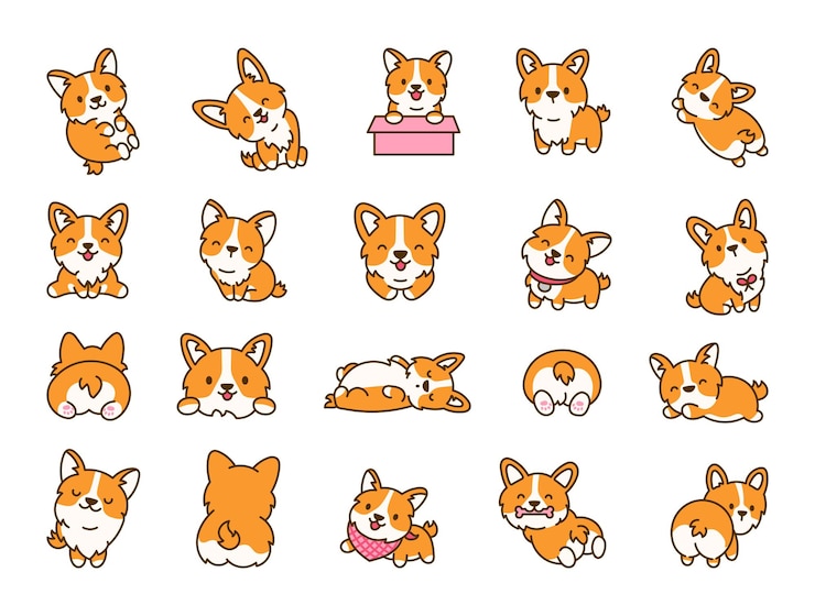 Vettore cuccino kawaii corgi cucciolo divertente personaggi animali di cartoni animati stile disegnato a mano disegno vettoriale