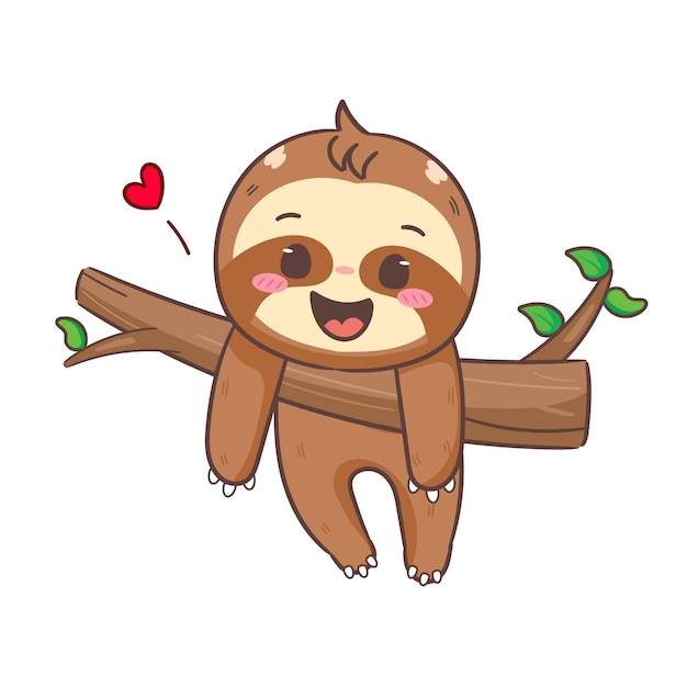 Cuccio pigro appeso all'albero Personaggio di cartone animato Adorabile e Kawaii Animal Concept Design