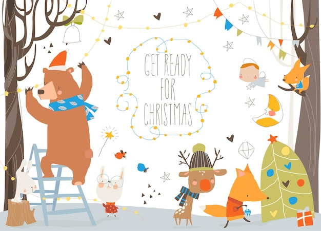 Cuccioli animali dei cartoni animati che si preparano per il Natale