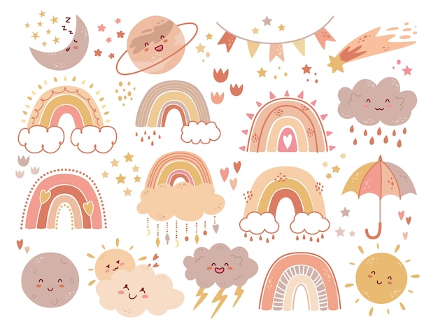 Cuccioli Boho arcobaleni e elementi meteorologici Decorazione della nursery per bambini Oggetti infantili Sognare la luna e la mezzaluna Pianeti sorridenti Nuvole di pioggia e sole Bambini scandinavi Cielo set vettoriale recente