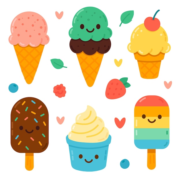 Cuccioli colorati coni di gelato popsicle e dessert con facce sorridenti cuori e decorazione di frutta