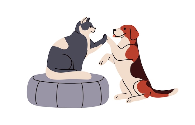 Cuccioli di cani e gatti che danno i cinque alti Concept di comunicazione per animali domestici Animali canini e felini intelligenti Saluto con il gesto paw hi Illustrazione vettoriale grafica piatta isolata su sfondo bianco