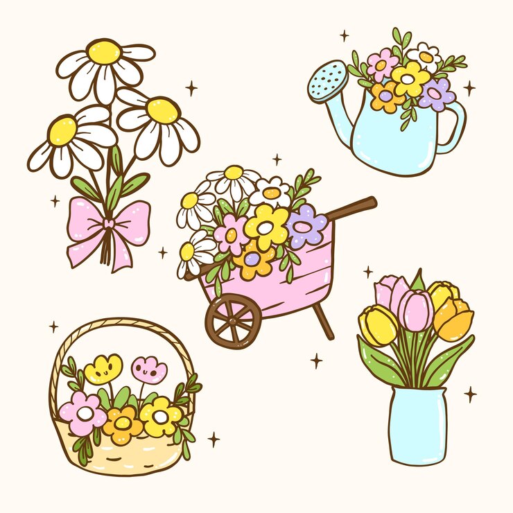 Vettore cuccioli di fiori di primavera pastel collection doodle set di illustrazioni di cartoni animati disegnati a mano