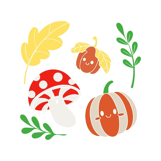 Cuccioli elementi autunnali in stile cartone animato foglia di quercia gialla sorridente fungo di ghianda zucca felice amp More
