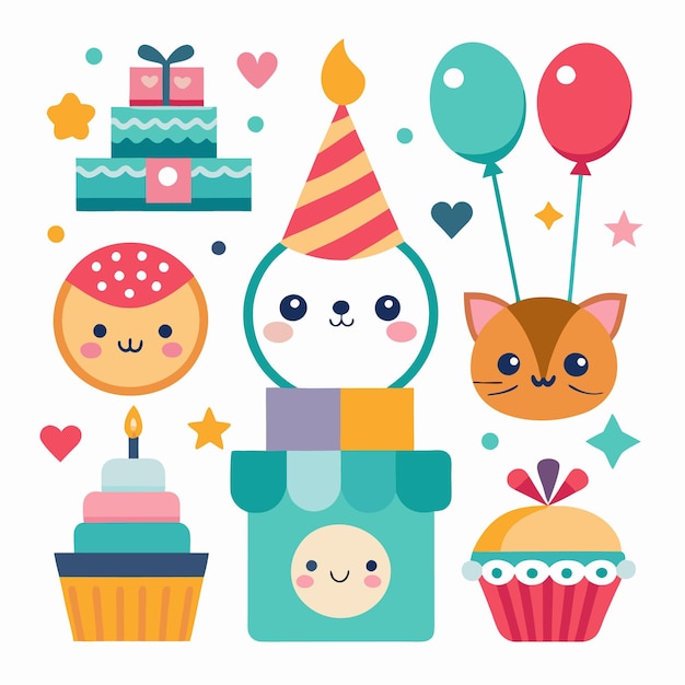 Cuccioli personaggi dei cartoni animati festeggiano con cupcakes regali palloncini e stelle