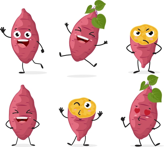 Cuccioli personaggi di cartoni animati di patate dolci con varie emozioni