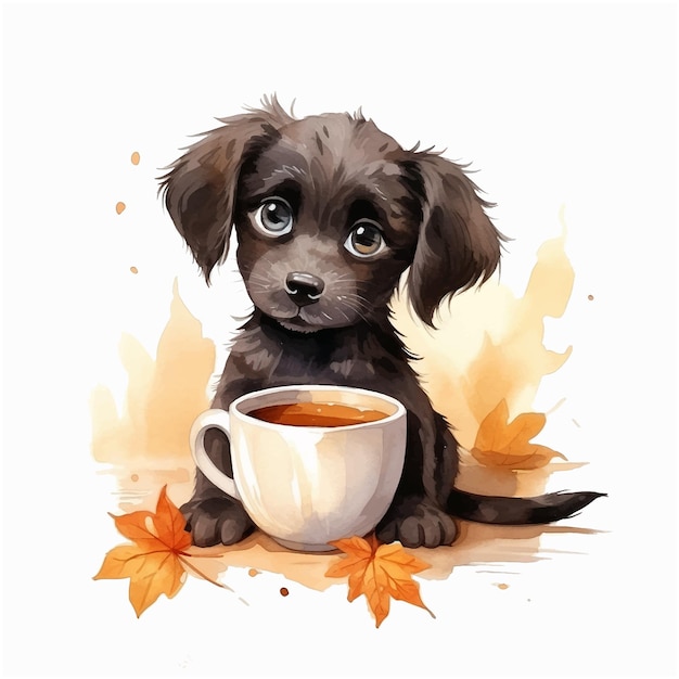 Cucciolo carino che beve caffè pittura ad acquerello arte