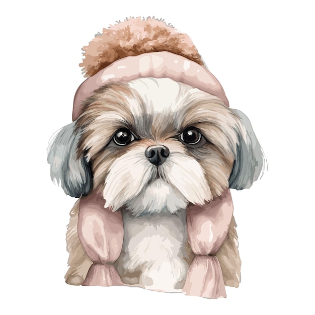 Cucciolo di Shih Tzu dell'acquerello con cappello e sciarpa di cotone