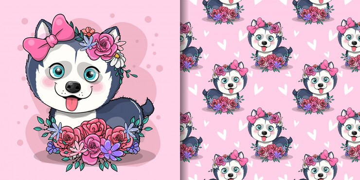 Vettore cucciolo husky sveglio del fumetto con i fiori