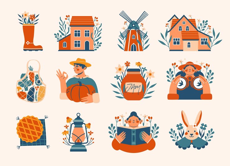 Vettore cucina accogliente raccolta di illustrazioni con l'estetica del villaggiocottagecore