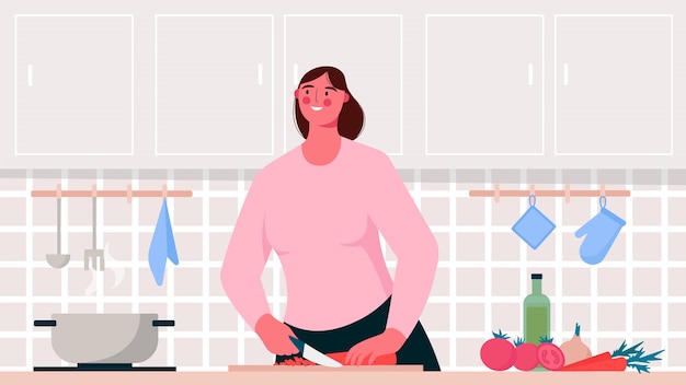 Cucina casalinga. Donna che cucina in cucina Attività del passatempo o hobby culinario. Illustrazione piatta