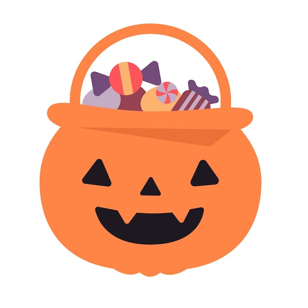 Cucina di zucca caricatura d'Halloween con caramelle Sacchetto di dolci o dolcetti
