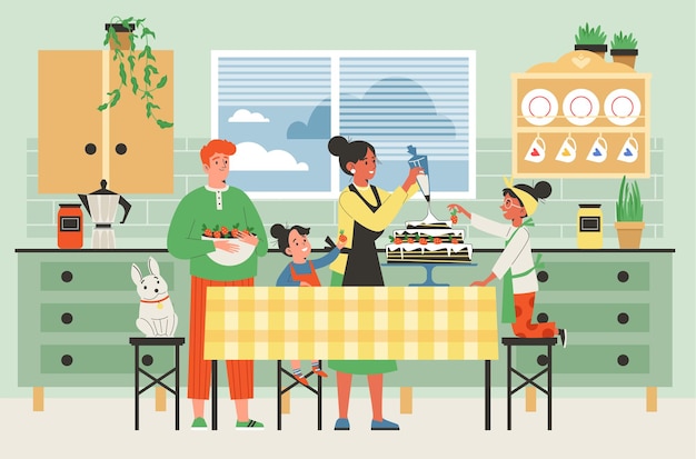 Cucina domestica con la famiglia che cucina la torta insieme l'illustrazione piana di vettore