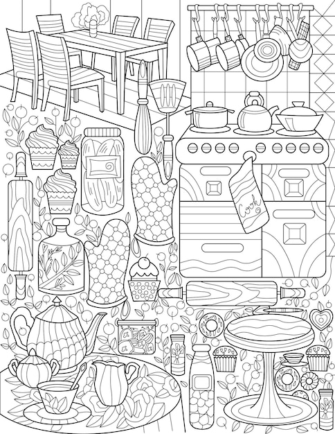 Cucina domestica scarabocchio stufa presina tavolo set da tè sala da pranzo disegno a tratteggio incolore mutiple cooking