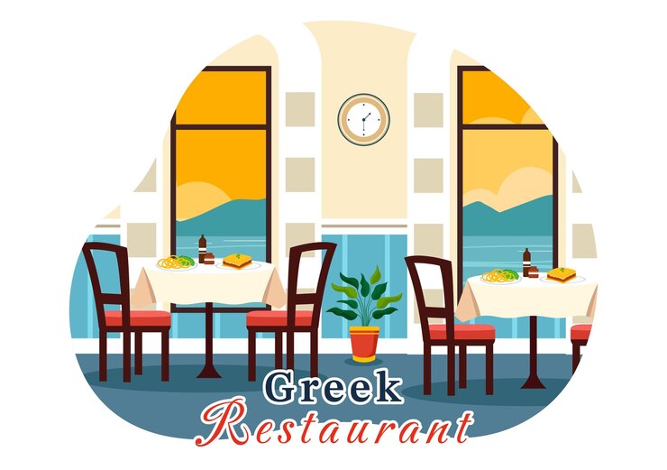 Vettore cucina greca illustrazione di un ristorante con menu impostato piatti deliziosi cibi tradizionali o nazionali