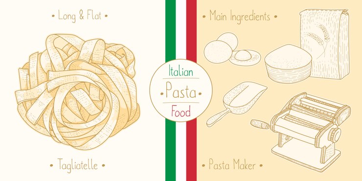Vettore cucina italiana tagliatelle, ingredienti e attrezzature
