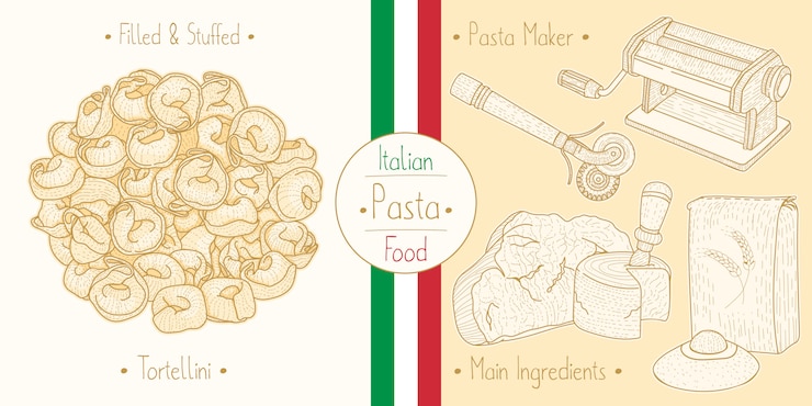 Vettore cucina italiana tortellini ripieni di cibo con ripieno, ingredienti e attrezzature