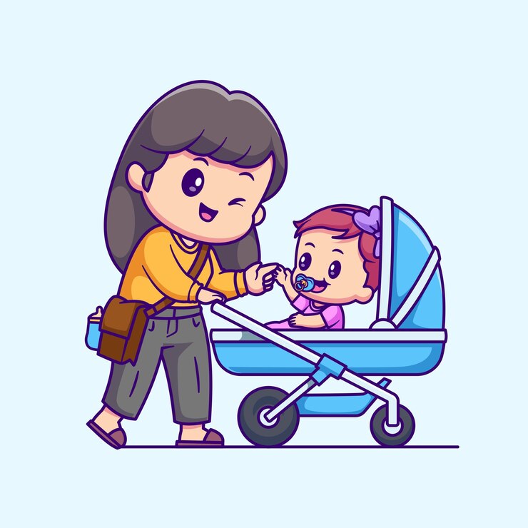 Cucina madre con bambino in passeggino cartone animato icona vettoriale illustrazione persone icona di famiglia appartamento isolato