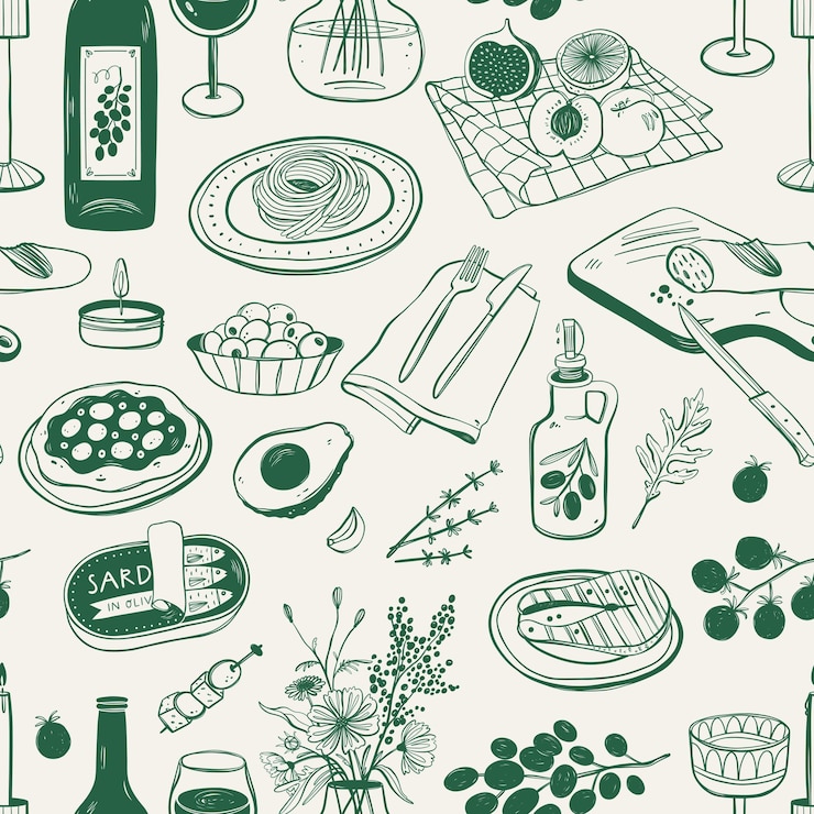 Vettore cucina mediterranea modello senza cuciture cibo disegnato a mano sfondo