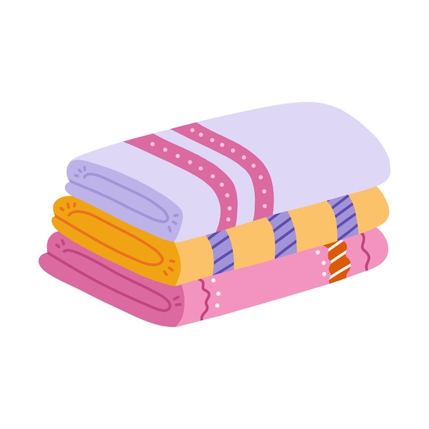 Cucina pila disegnata a mano di asciugamani piegati per la doccia e il bagno Asciugamani arrotolati in tessuto e microfibra Accessoire di igiene tessile per il bagno Clipart semplice e divertente di cartoni animati isolato su bianco