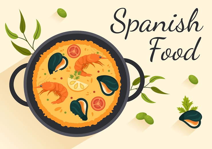Vettore cucina spagnola menu ristorante con vari piatti tradizionali ricetta su illustrazione piatta