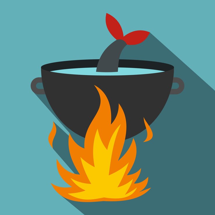 Vettore cucina zuppa di pesce su un'icona di fuoco illustrazione piatta di cottura di zuppa de pesce su una icona vettoriale di fuoco per il web isolato su sfondo blu bambino