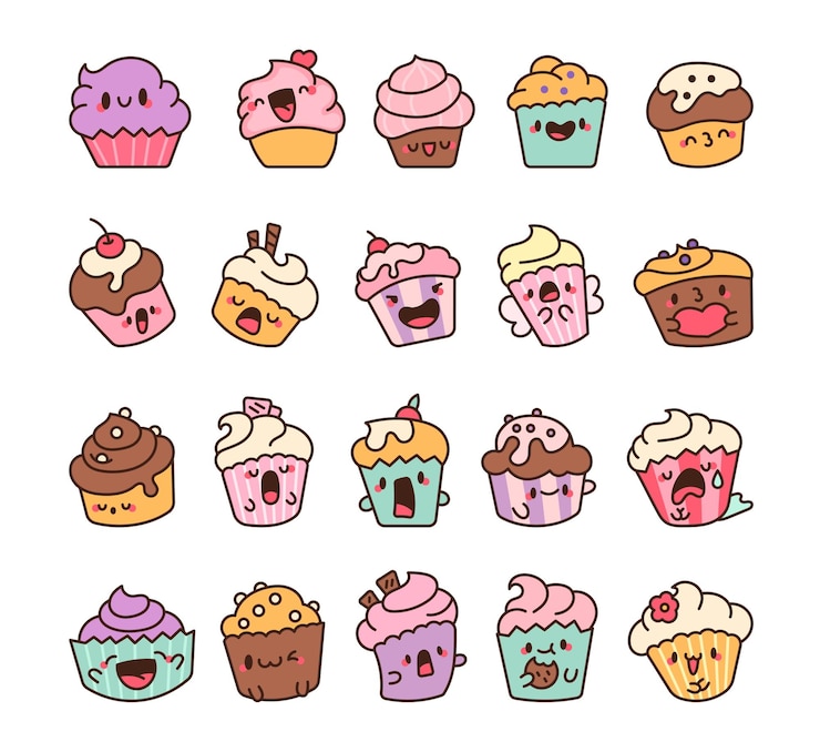 Vettore cucino kawaii muffin cartone animato gustoso cottura