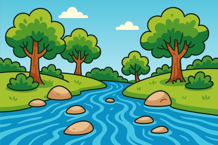 Vettore cucino paesaggio forestale di cartoni animati con alberi e rocce fluviali
