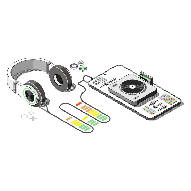 Vettore cuffie e concetto di telefono musica online e podcasting isometrico isolato su sfondo bianco illustrazione vettoriale