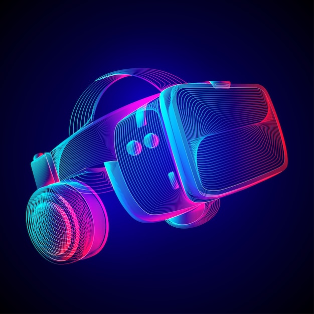 Cuffie per realtà virtuale. Casco Vr astratto con occhiali e cuffie. Descriva l'illustrazione del concetto di tecnologia del futuro di realtà aumentata in stile art linea su neon