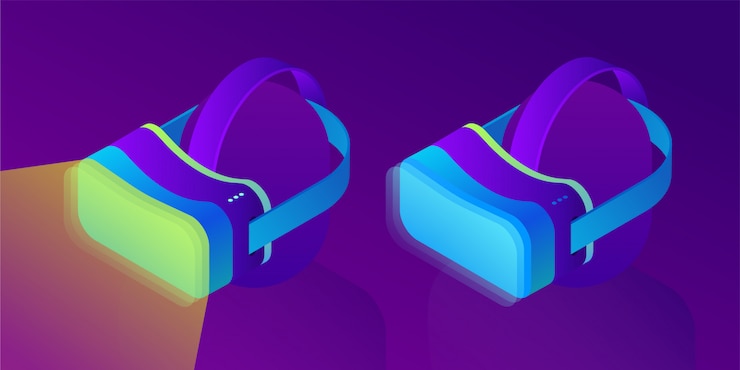 Cuffie VR, occhiali per realtà virtuale aumentata. Tecnologia del futuro. Illustrazione isometrica 3d su sfondo ultravioletto