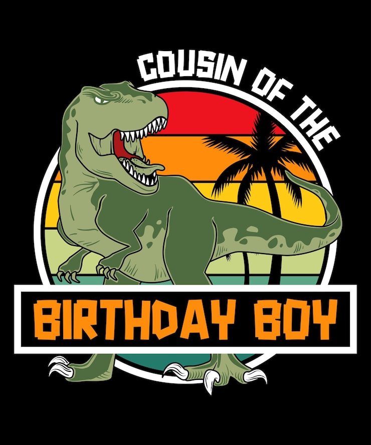 Vettore cugino del modello di stampa della camicia del ragazzo di compleanno, design della camicia vintage retrò del dinosauro t rex