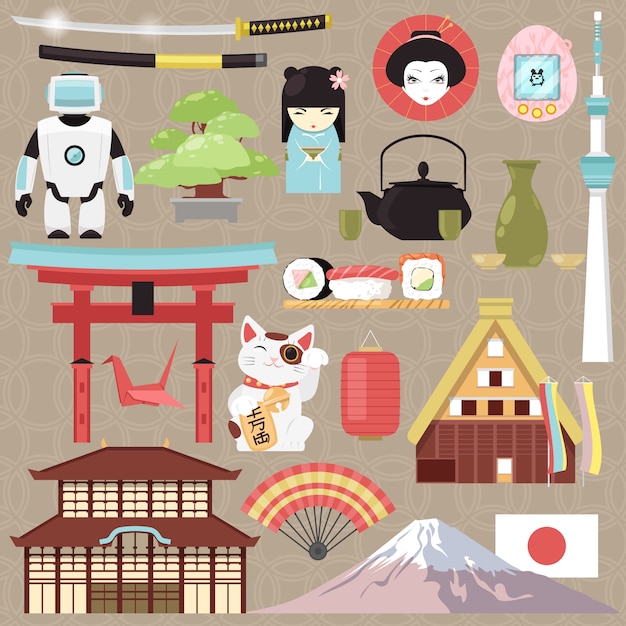Cultura giapponese del Giappone e architettura o sushi orientale di cucina nell'illustrazione di Tokyo