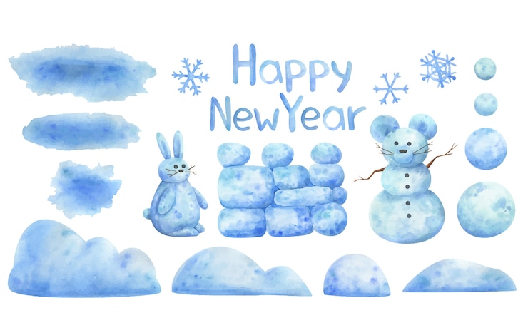 Cumuli di neve, fiocchi di neve, pupazzi di neve, palle di neve. Serie di illustrazioni invernali per la decorazione