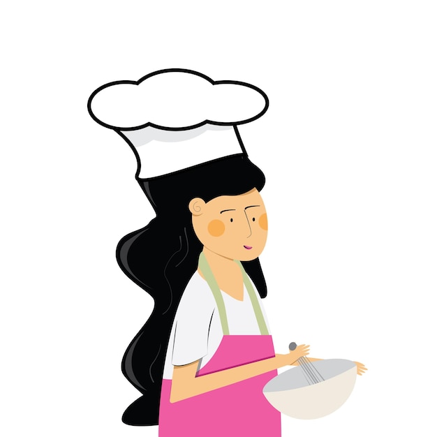 Cuoco unico della ragazza che mescola cibo in una ciotola che indossa un abito rosa e un berretto da chef