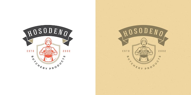 Cuoco unico di progettazione di logo del negozio di macelleria che tiene la siluetta delle salsicce buona per il ristorante
