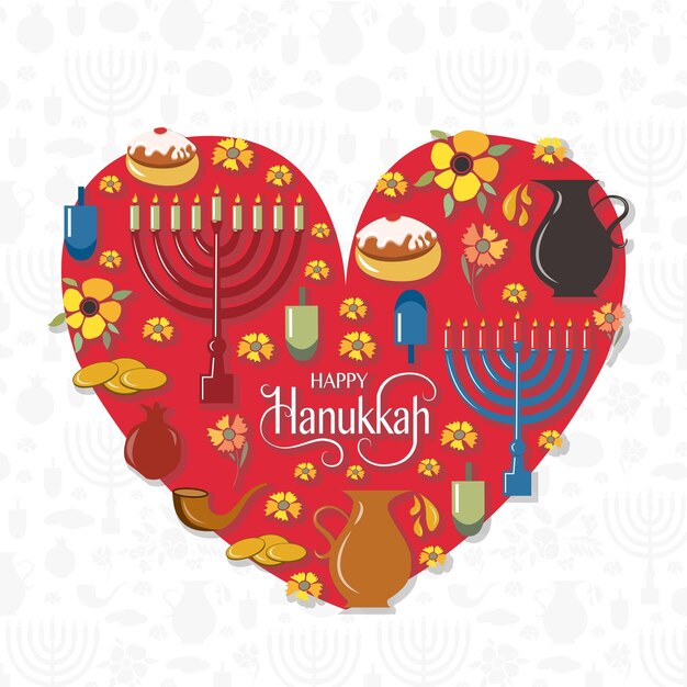 Cuore con il logotipo Happy Hanukkah disegnato a mano, il distintivo e la tipografia dell'icona. Iscrizione disegnata a mano del modello di logo di Hanukkah felice. Modello di carta felice Hanukkah. Felice Hanukkah banner, volantino