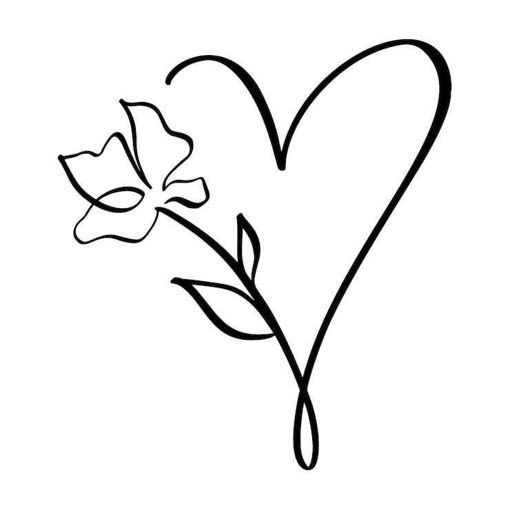 Vettore cuore d'amore disegnato a mano con l'illustrazione della linea del logo vettoriale a fiori contorno nero elemento monoline